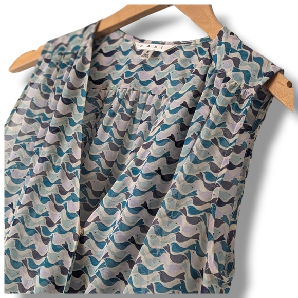Cabi Bird Semi Sheer Faux Wrap Sleeveless Blouse in Tweet Print Style 342: Small - Picture 4 of 7